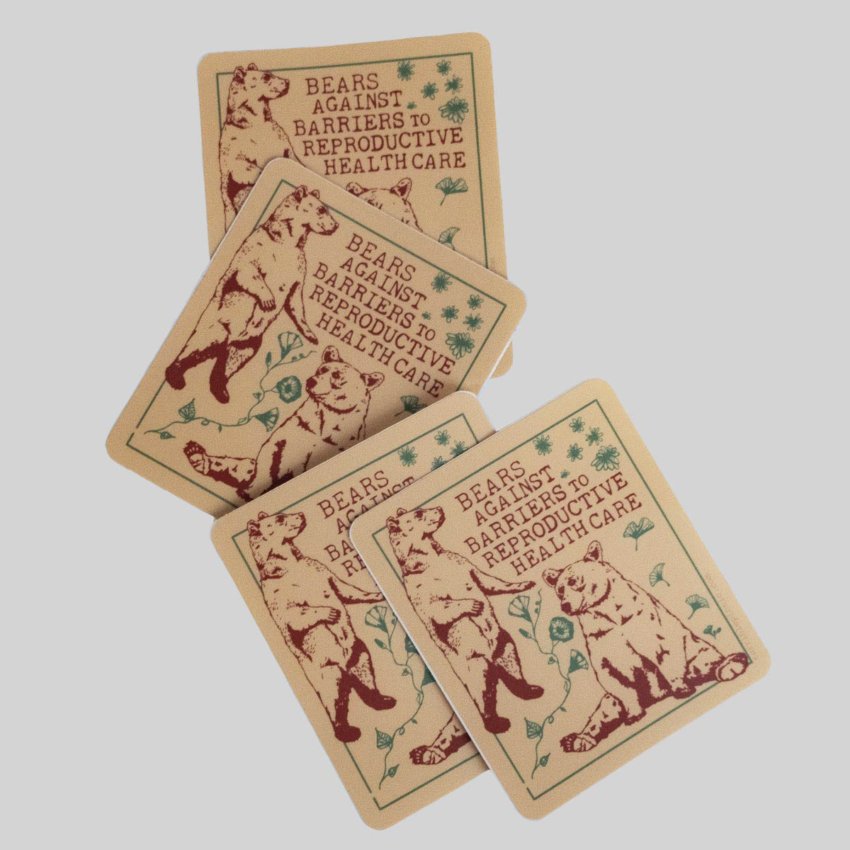 rectangular 3x3.5 inch abortion pro-choice art sticker with an illustration of bears and the text Bears Against Barriers to Reproductive Healthcare. Thick, strong, uv resistant and waterproof material