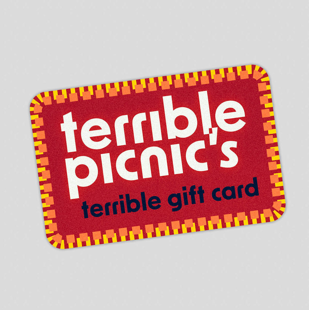 photo of a red gift card in a pop art style that resembles a fast food restaurant. bold white text